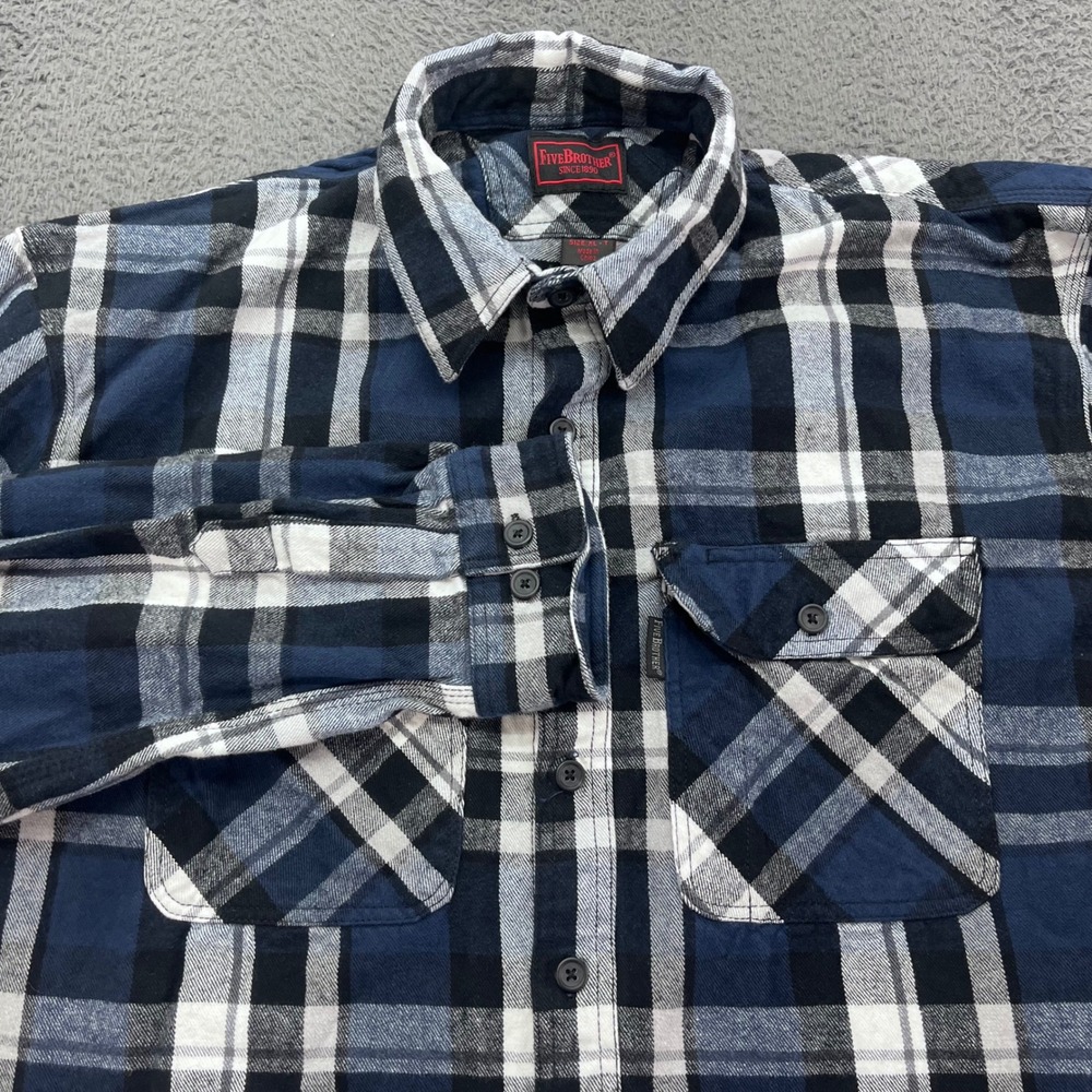 FIVE BROTHER Men's Flannel Shirt Plaid Blue Black White Long Sleeve Size XL T